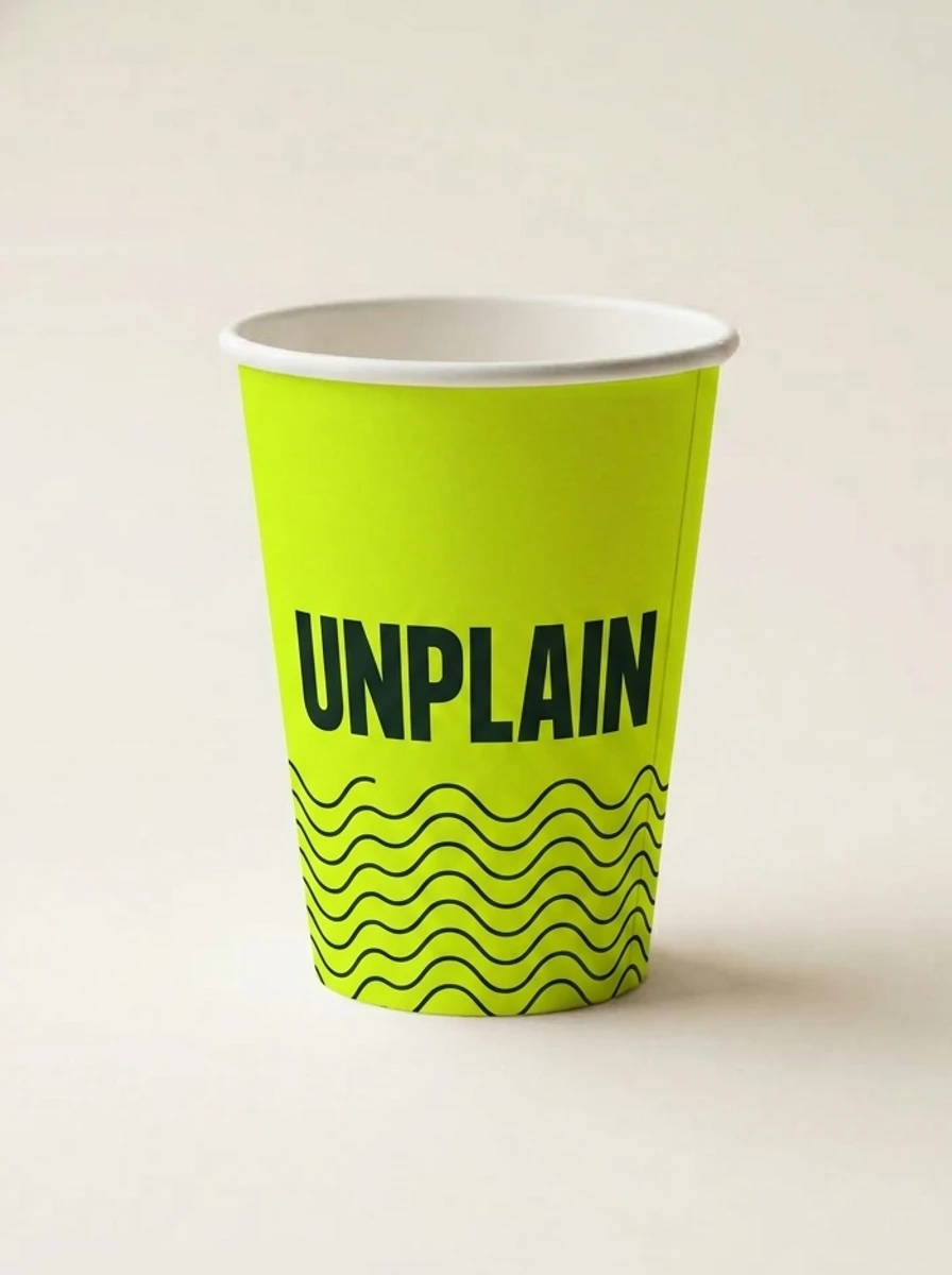 UNPLAIN fluorescent lime branded double wall paper cup